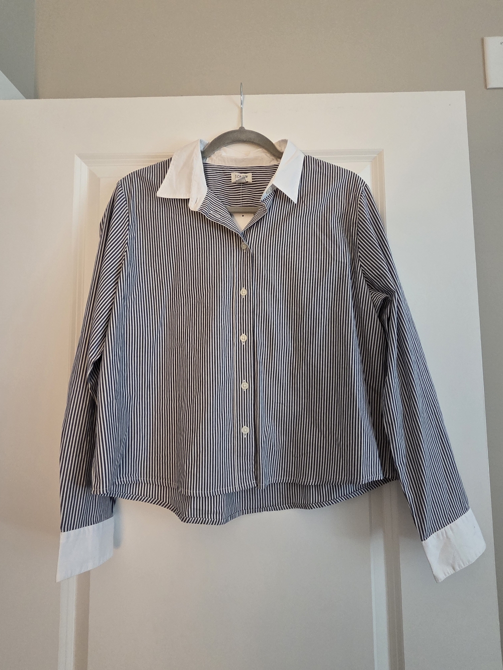 J. Crew Navy and White Striped Button-Down Shirt with White Collar
